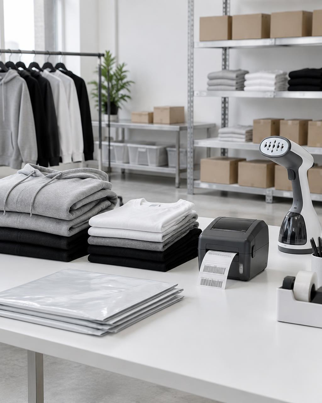 Apparel fulfillment station with folded garments and shipping labels